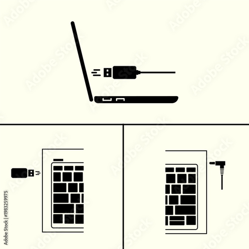 Laptop charging cable connection black and white vector icon 