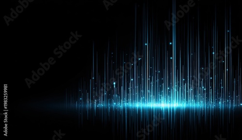 Bright blue light streaks ascend from a dark horizon, creating a vibrant display