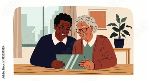 Elderly woman and younger man smiling while looking at a tablet computer together, diverse friends bonding