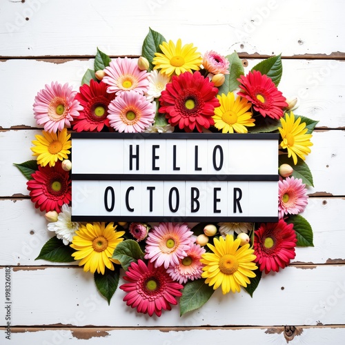 hello october sign with flowers