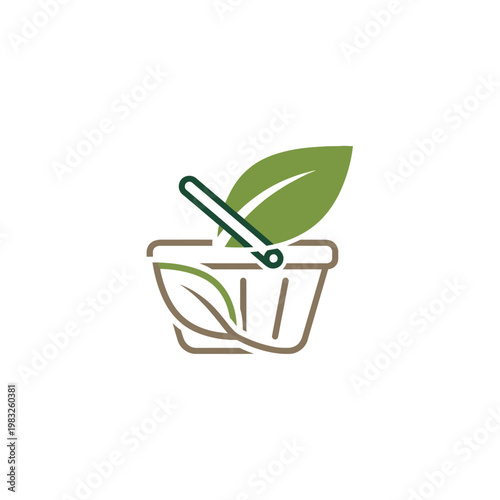 Organic Shopping Basket with Green Leaf Icon for Natural Product Store Logo, isolated white background