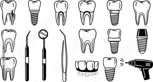 Black and white dental flat design with teeth, dental implants, and tools isolated on white background
