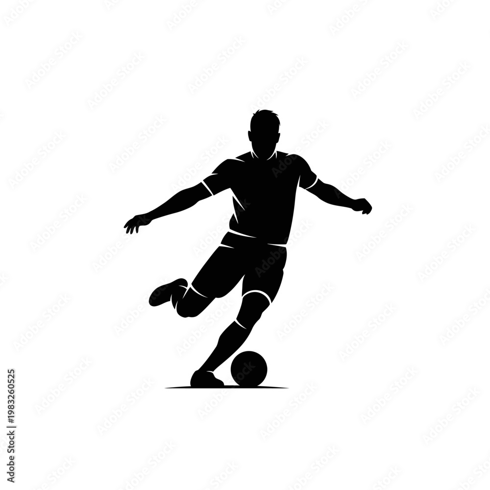 Fototapeta premium Soccer player kicking ball, black silhouette, sports icon, athletic motion, football player vector eps silhouette