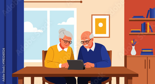 Elderly couple happily using a tablet computer together at a table in their cozy living room, browsing the internet and staying connected.
