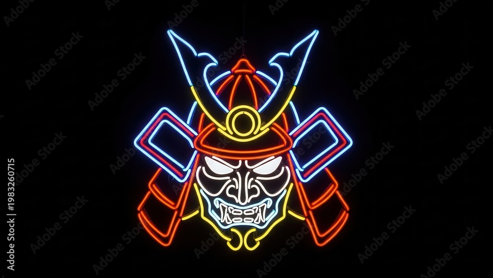 Obraz premium Vibrant neon samurai helmet artwork glowing with fierce traditional Japanese warrior spirit and