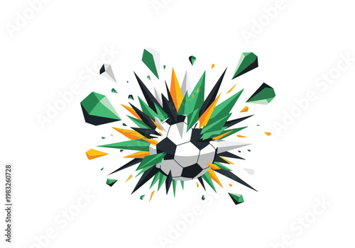 A dynamic illustration of a soccer ball exploding into sharp, geometric shards of green, black, and orange, conveying energy and impact.