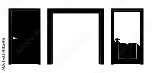 Exit strategy icon set with a doorway graphic featuring an opening, an abstract solution, a concept with decision and business opportunity