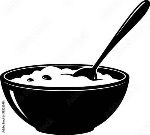 Black silhouette bowl of oatmeal with spoon vector flat design isolated on white background
