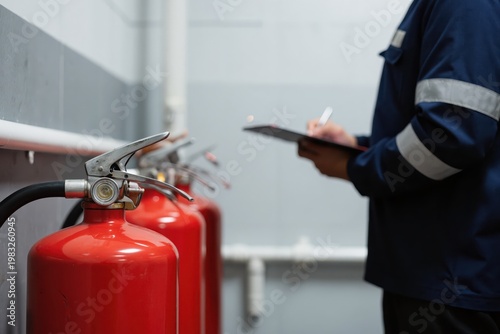 a man in a blue uniform is standing next to fire extinguishers