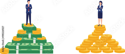 Business people standing on piles of money, gold coins, dollar bills, financial wealth contrast, income success, economic status illustration design