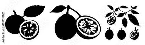 Passion fruit set with whole and halved fruit featuring tropical, exotic, botanical with healthy food and natural elements