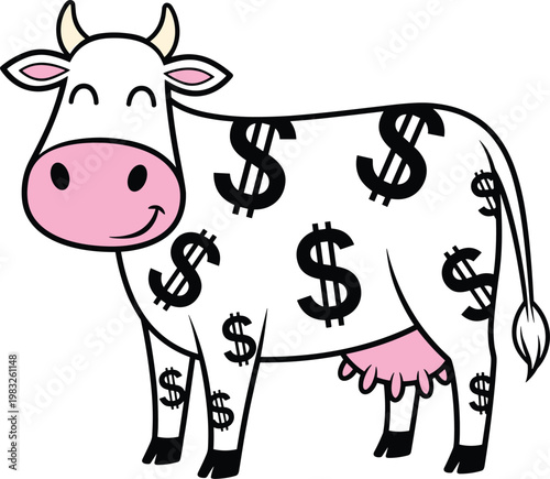 Cartoon cash cow with dollar signs, financial profit symbol, steady income concept, wealth generator, business success illustration design