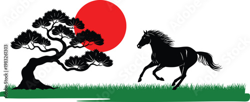 Silhouette of running horse with pine tree and red sun, minimalist nature scene inspired by Japanese art, dynamic energy illustration