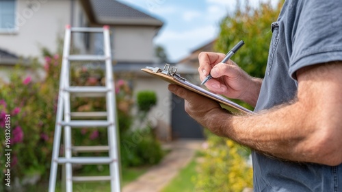 Man holding clipboard beside ladder conducting exterior home inspection in suburban yard recording measurements and notes focus on checklist and safety daytime setting blurred house background