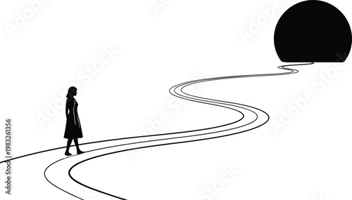 Silhouette of woman on winding path leading to dark tunnel, symbolizing journey, mystery, decision-making, and facing the unknown