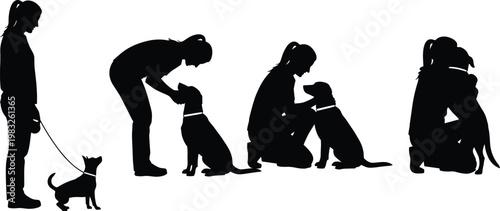 Silhouette sequence of person bonding with dogs, pet ownership artwork showing companionship, training, and emotional connection in animal care