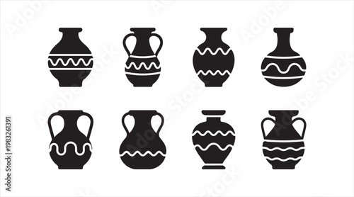 Decorative pottery silhouettes featuring ethnic patterns and classic container shapes
