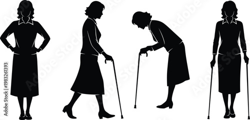 Silhouette sequence of woman aging with cane support, progression of life stages showing mobility changes and elderly assistance concept illustration