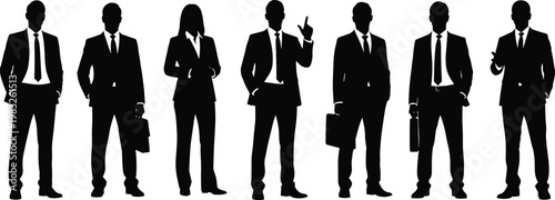 Silhouettes of business professionals in suits and skirt suits with briefcases, symbolizing teamwork, professionalism, corporate culture, and collaboration