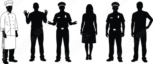 Silhouettes of chef, police officers, civilians, and woman in dress standing side by side representing professions and diversity