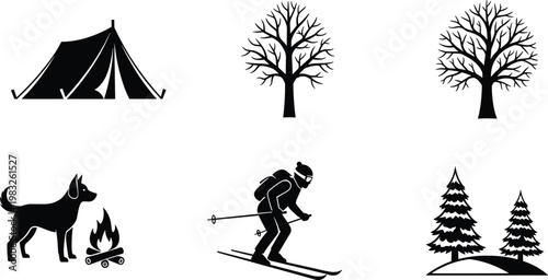 Silhouettes of camping, skiing, trees, dog, and campfire, representing outdoor adventure, winter recreation, nature elements, and wilderness lifestyle artwork