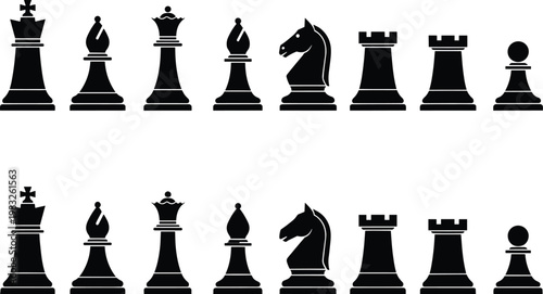 Silhouettes of chess pieces arranged in two rows, showcasing classic design, symmetrical layout, and traditional board game elements