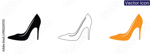 Vector icons of high heel shoes in black, white, and orange, perfect for fashion, style, and design concepts