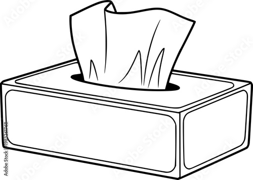 Black and white flat illustration of a tissue box with a tissue sticking out isolated on white background
