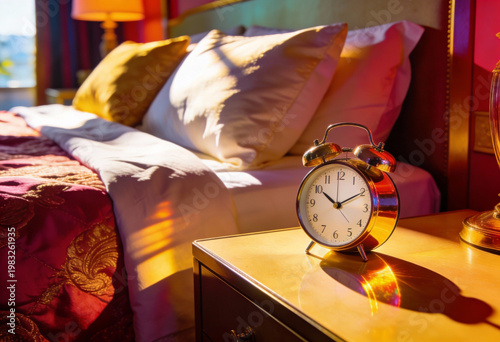 Close-up of alarm clock on bedside table