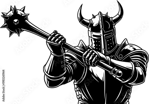 Black silhouette of a medieval knight warrior with horned helmet and spiked mace isolated on white background
