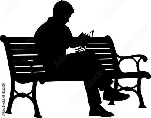 Man sitting on bench reading book silhouette black shadow isolated on white background
