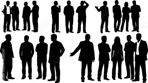 Group of people socializing in a minimalist black silhouette style against a isolated on white background
