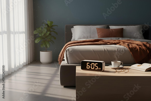Close-up of alarm clock on bedside table