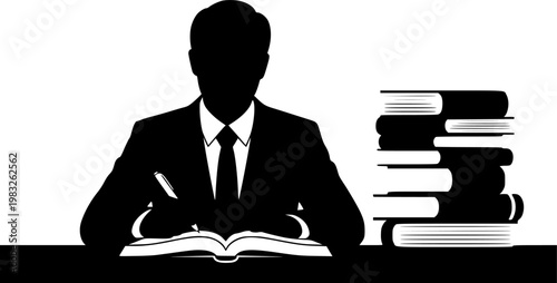Businessman writing in a book at a desk with stacked books beside him in a minimalist flat black silhouette style isolated on white background
