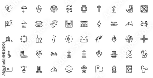 Portugal icon set. Vector symbols for travel, culture, food and landmarks. Includes sardines, rooster, Belem tower, guitar, wine, castle, tramway and more.