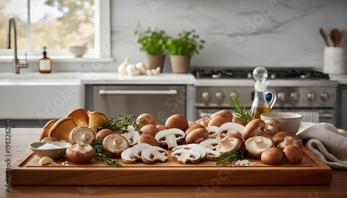 Close-up of fresh mushrooms on wooden cutting board