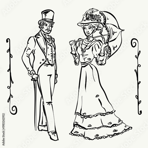 Hand-drawn couple from Belle Epoque Era, whimsical vector illustration