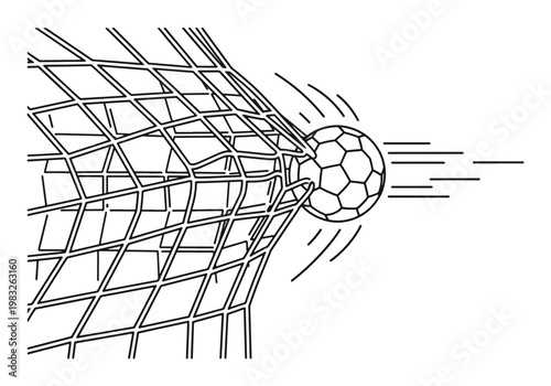 A black and white illustration of a soccer ball scoring a goal, hitting the back of the net with force.