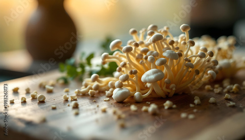 Close-up of fresh mushrooms on wooden cutting board