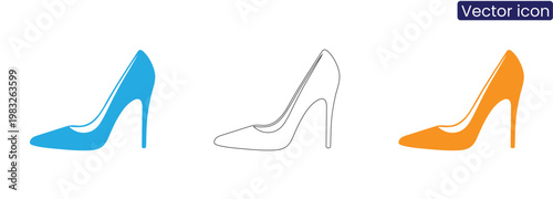 Vector icons of high heel shoes in blue, black, and orange on white background, perfect for fashion, style, and design concepts