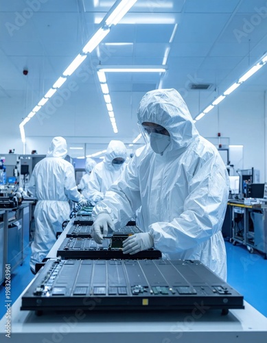 technicians in cleanroom suits assembling electronic circuit boards on automated production line, manufacturing quality control, industrial technology