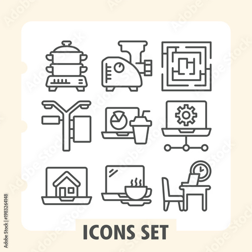 Steamer, light post, laptop minimalist icons set depicting travel, time, navigation, work, home items in outline style for apps and print on white background. Vector graphics. Set of nine line icons.