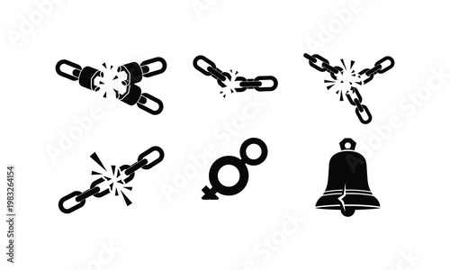 Broken chains for freedom and liberty concept with bell icon vector silhouette illustration.