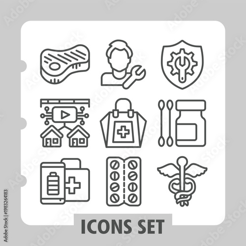 Beef, network, first aid modern icons set depicting security, real estate, healthcare, shopping items in outline style for apps and print on white background. Vector graphics. Set of nine line icons.