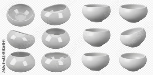 Set of white ceramic bowls in various angles and positions, isolated on a transparent background, perfect for food presentation or decorative use.