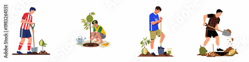 Set of illustrations featuring athletes planting durian trees, promoting reforestation, sustainability, and community involvement in environmental protection.