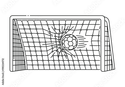 Line drawing of a soccer ball scoring a goal, hitting the back of the net with impact.