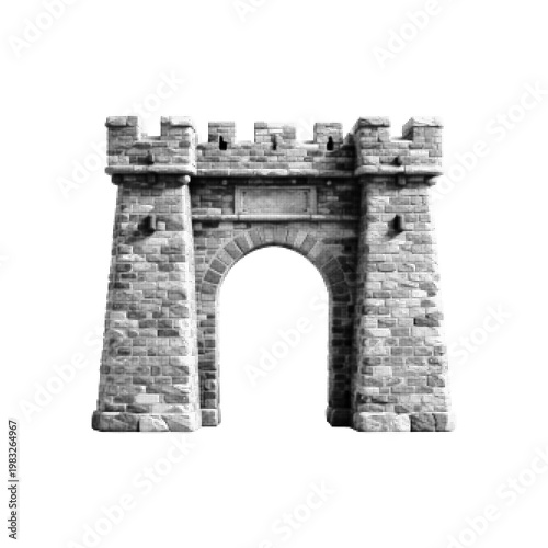 Slika na platnu Stone castle gate in halftone style, monochrome dotted illustration isolated on white background, medieval fortress architecture concept