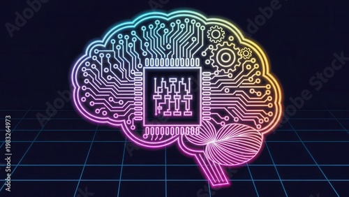 Neon illuminated digital brain circuit representation showcasing artificial intelligence and