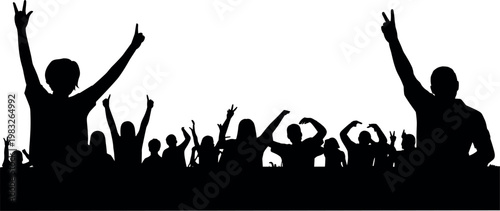 Silhouette crowd of people cheering with raised hands at concert party event expressing excitement energy celebration isolated on white background